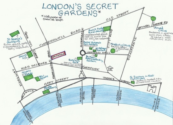 A hand painted map of London’s gardens